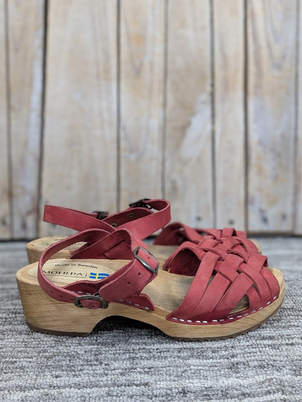 Moheda: Leather Woven Swedish Clogs - Red - Size 39/8 US